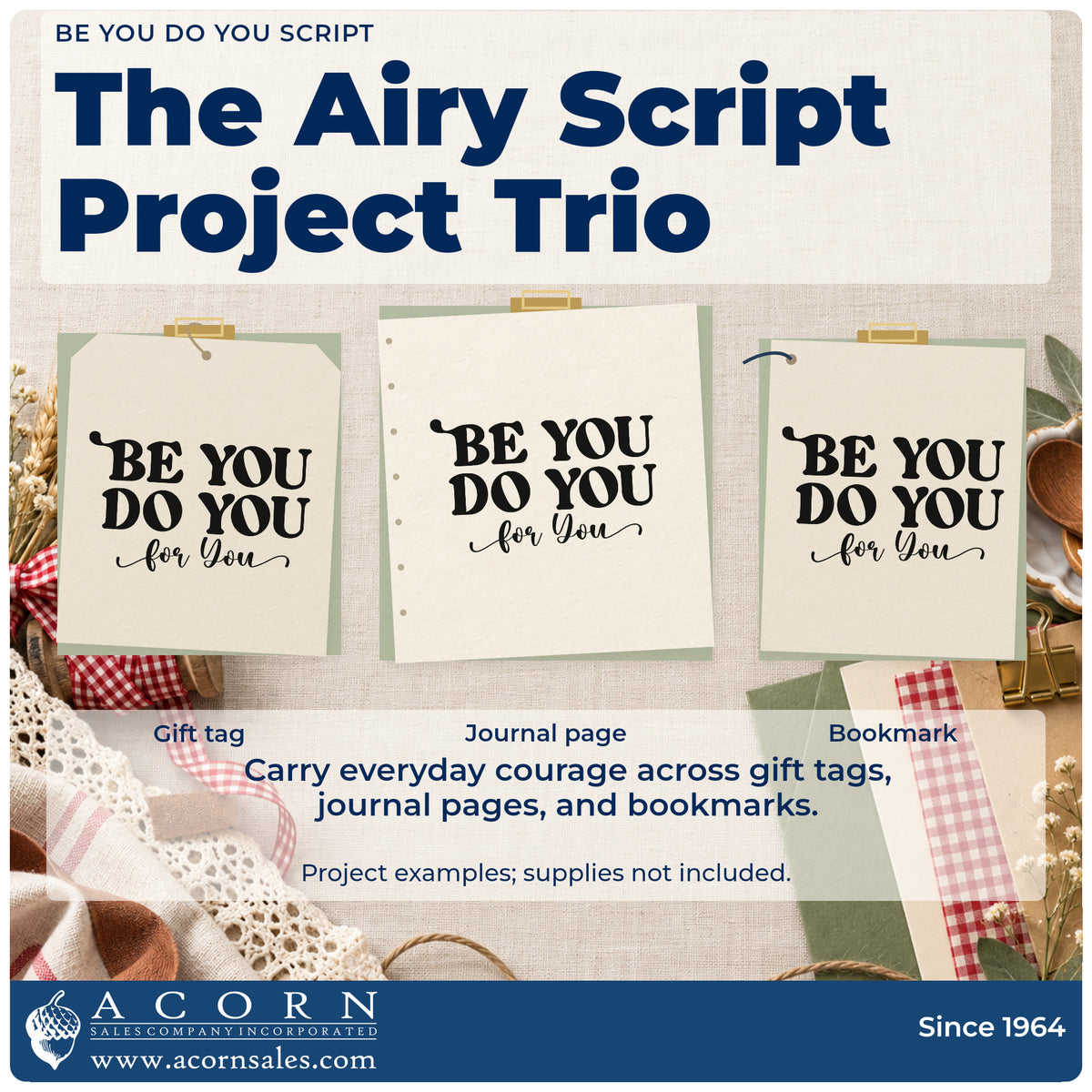 Three project examples made with the Be You Do You Script Lettering PSI Pre-Inked Stamp, including week plan sheet.