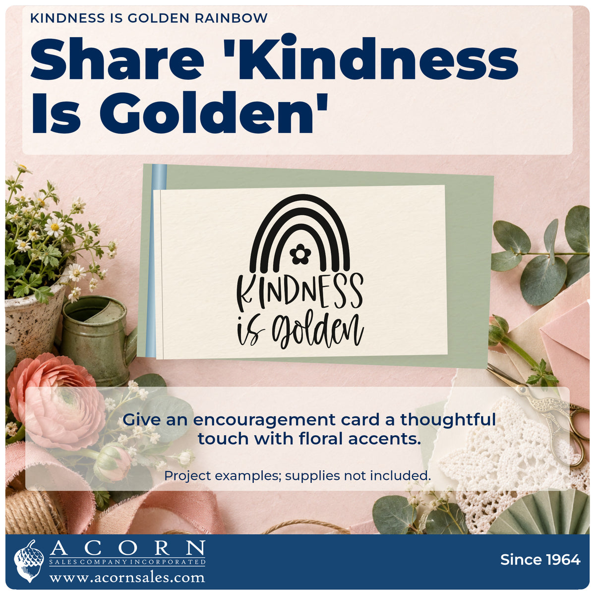 A finished handmade project stamped with the Kindness Is Golden Rainbow Floral Accents Rubber Stamp – Duo Hand, ideal for corner album page.