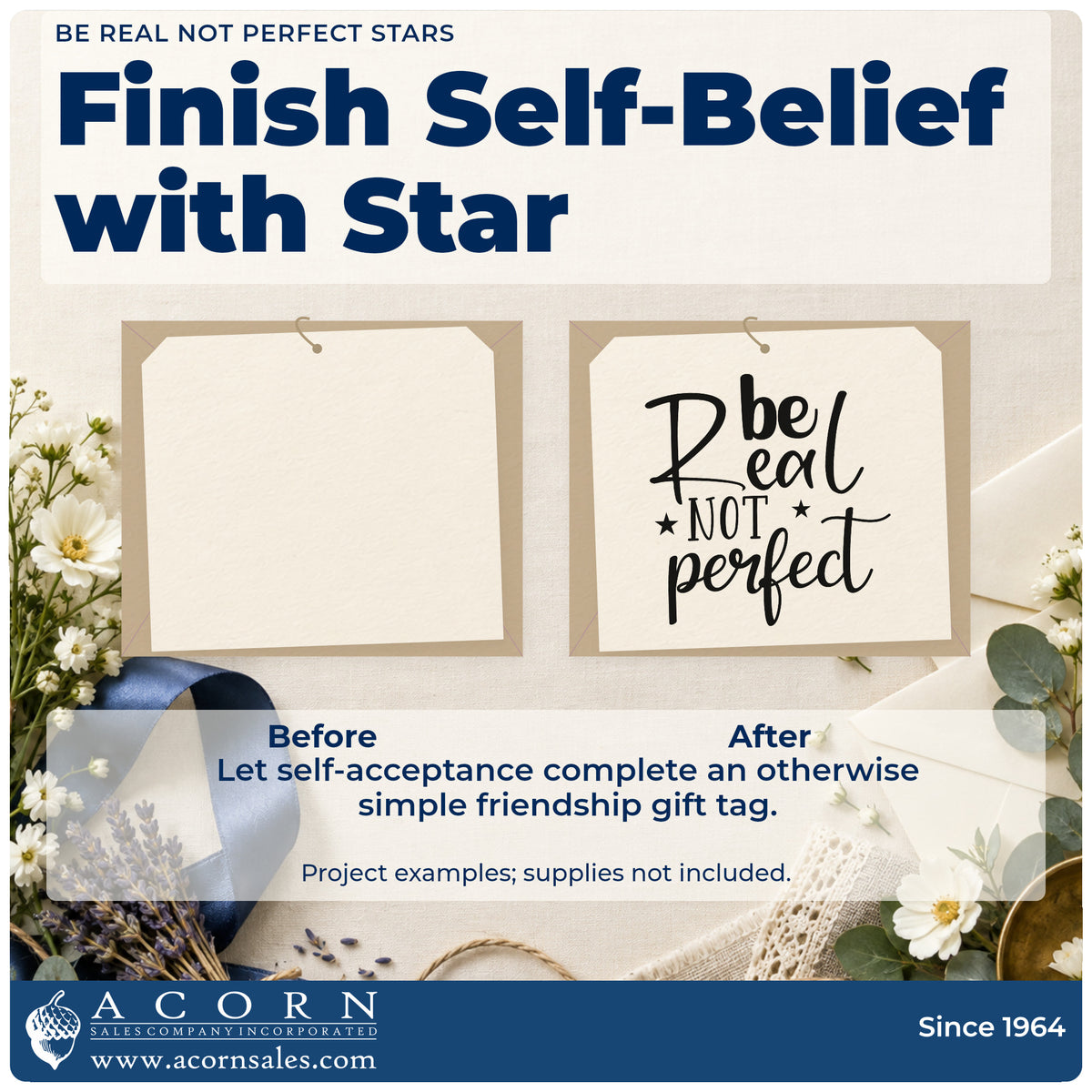 Before and after of a plain item finished with the Be Real Not Perfect Stars Rubber Stamp – Duo Hand, a quick upgrade for framed craft room.