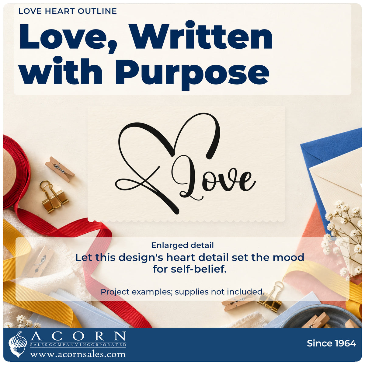 Enlarged detail of the Love Heart Outline Rubber Stamp – Duo Hand imprint. The script word "Love" joins a large loosely drawn heart outline.
