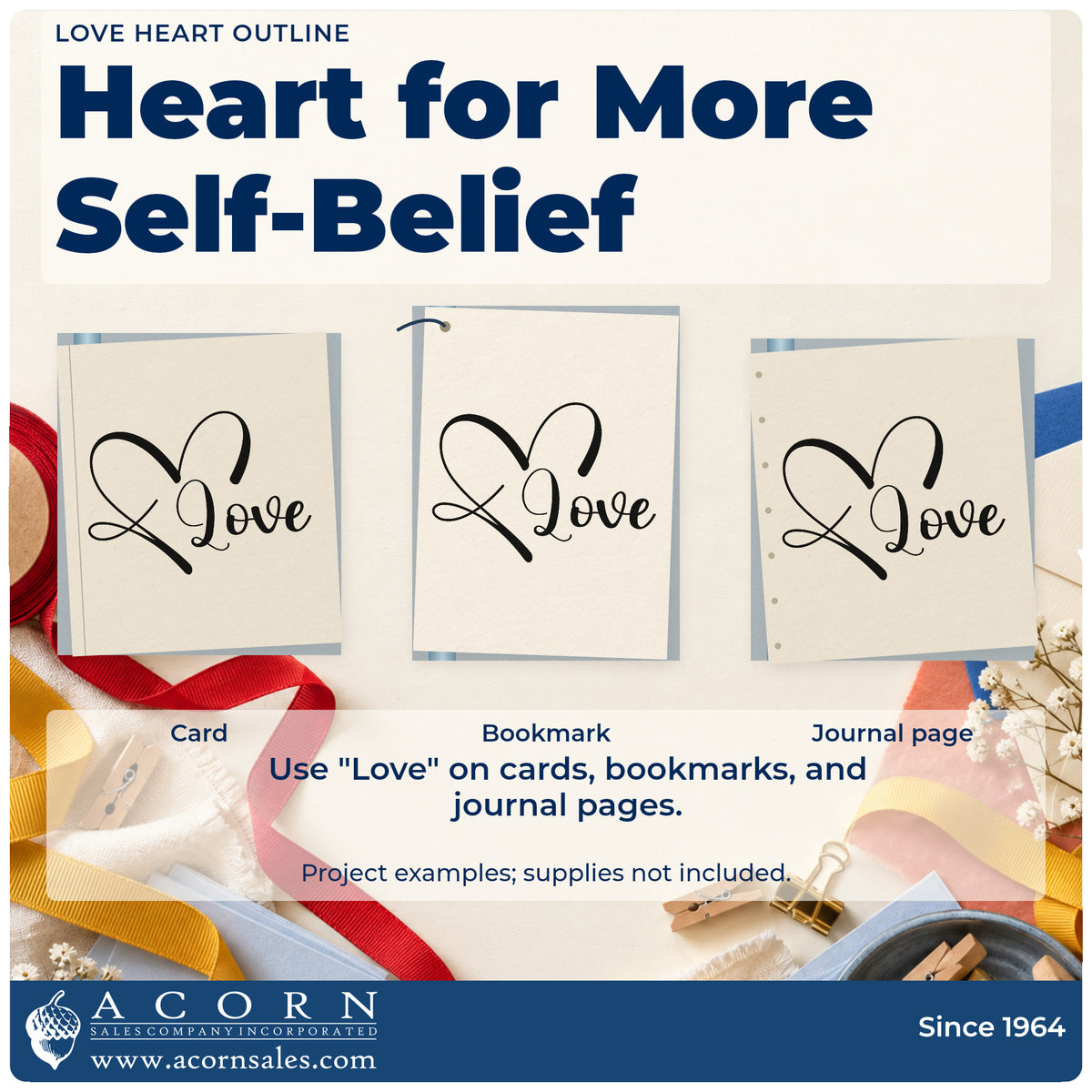 Three project examples made with the Love Heart Outline Self-Inking Stamp, including month plan sheet.