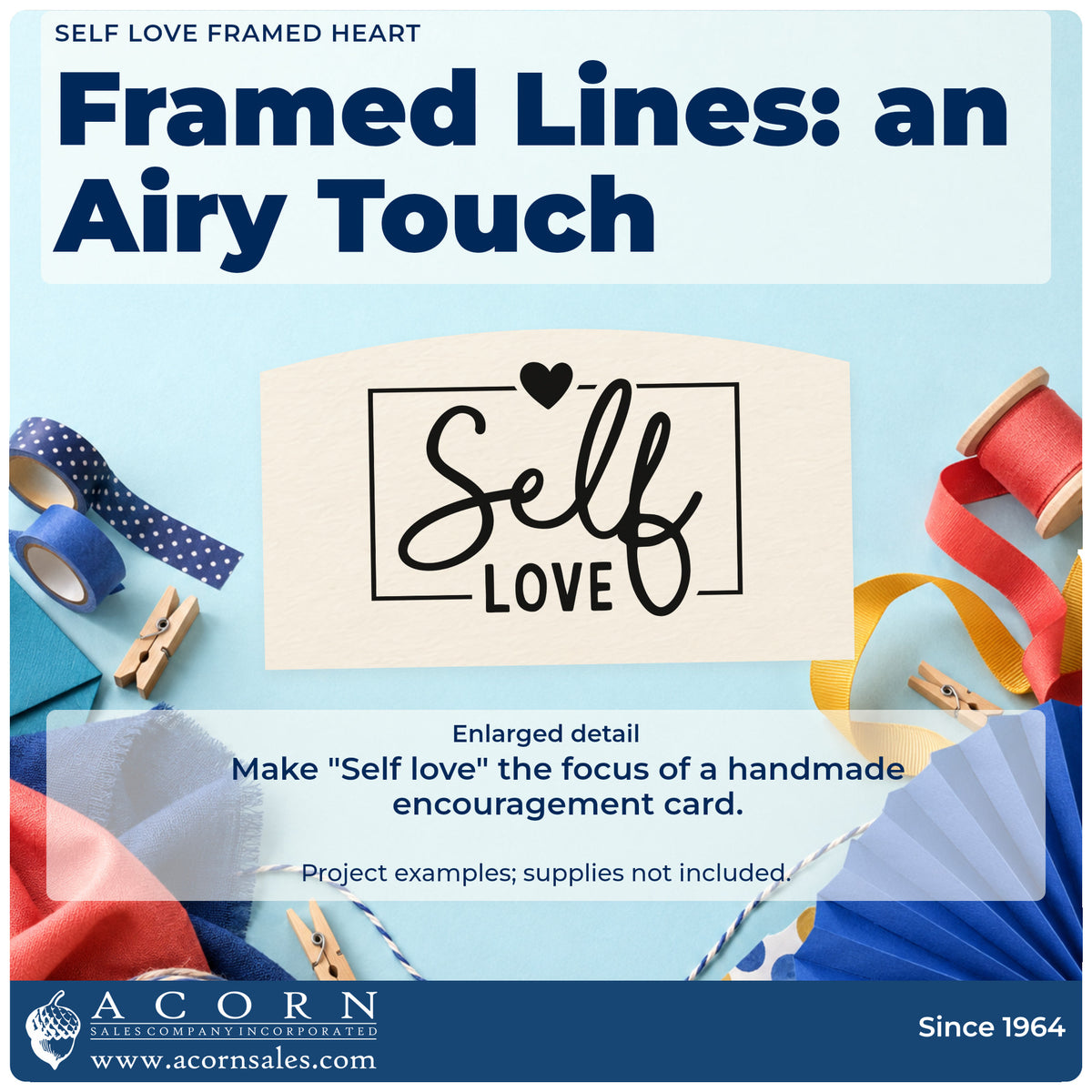 Enlarged detail of the Self Love Framed Heart Self-Inking Stamp imprint. The words "Self love" appear inside a thin rectangular frame with a heart at the top.
