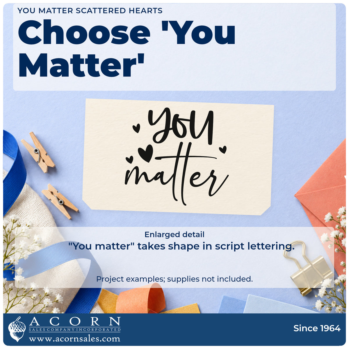 Enlarged detail of the You Matter Scattered Hearts Self-Inking Stamp imprint. The words "You matter" appear in large casual script surrounded by solid hearts.