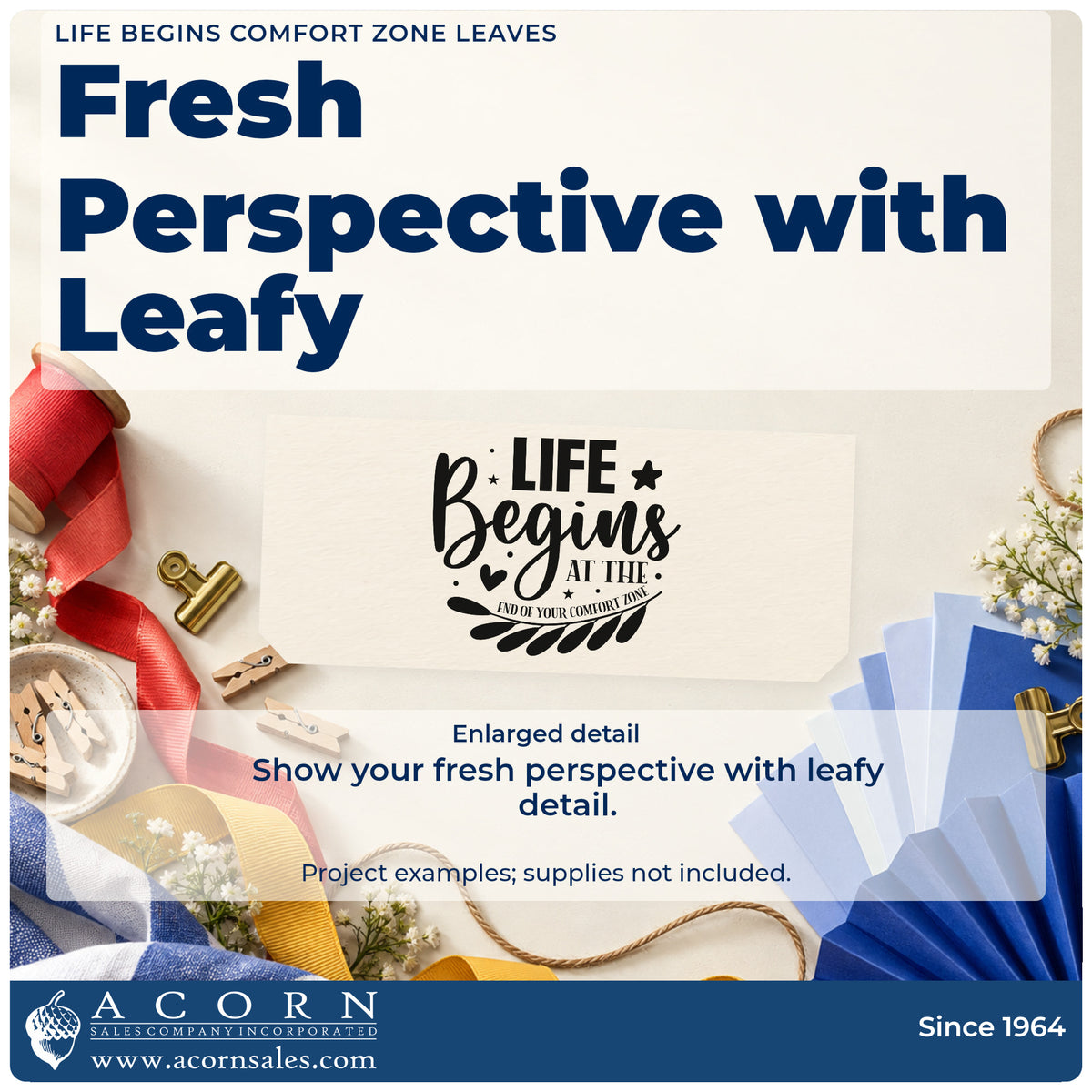 Enlarged detail of the Pre-Inked Life Begins Comfort Zone Leaves Stamp – PSI imprint. The phrase "Life begins at the end of your comfort zone" appears with stars, hearts, and a leafy branch.