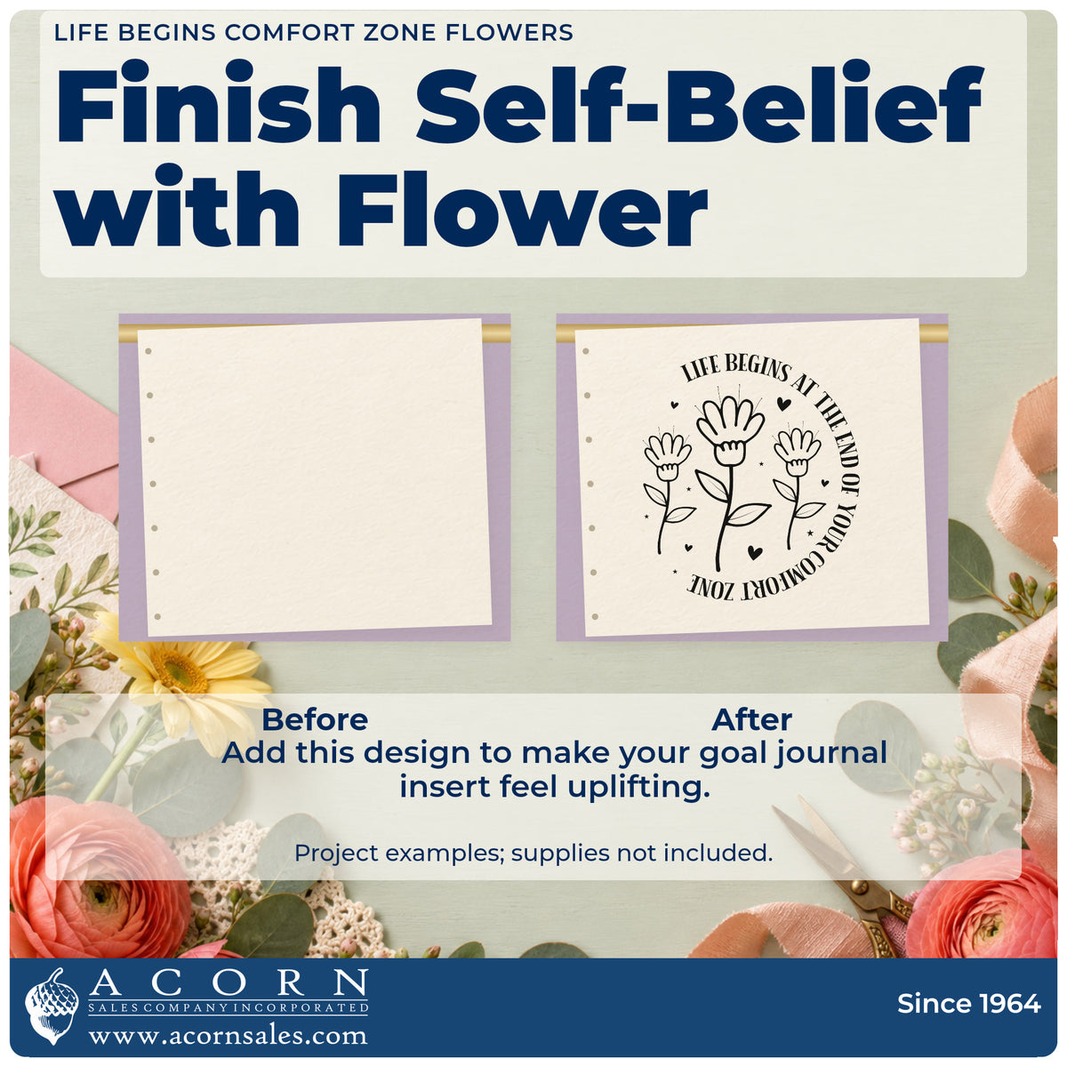 Before and after of a plain item finished with the Life Begins At The End Of Your Comfort Zone Premium Wood-Mounted Stamp – Vintage Pro, a quick upgrade for framed studio barre.