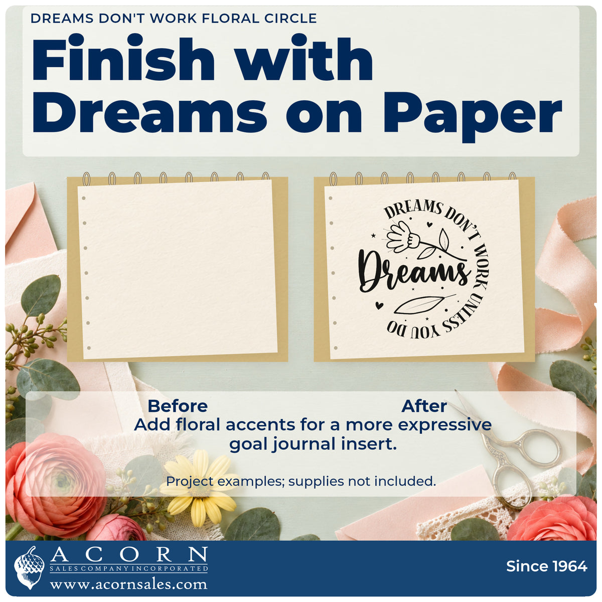 Before and after of a plain item finished with the Dreams Don't Work Unless You Do Floral Accents Stamp – Self-Inking, a quick upgrade for framed teaching room.