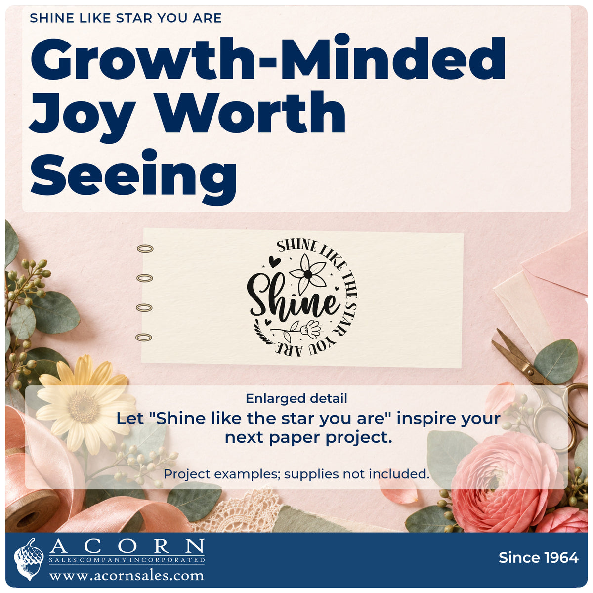 Enlarged detail of the Shine Like The Star You Are Premium Wooden Stamp – Vintage Pro imprint. The word "Shine" appears with flowers, a leafy sprig, hearts, and the curved phrase "Shine like the star you are."