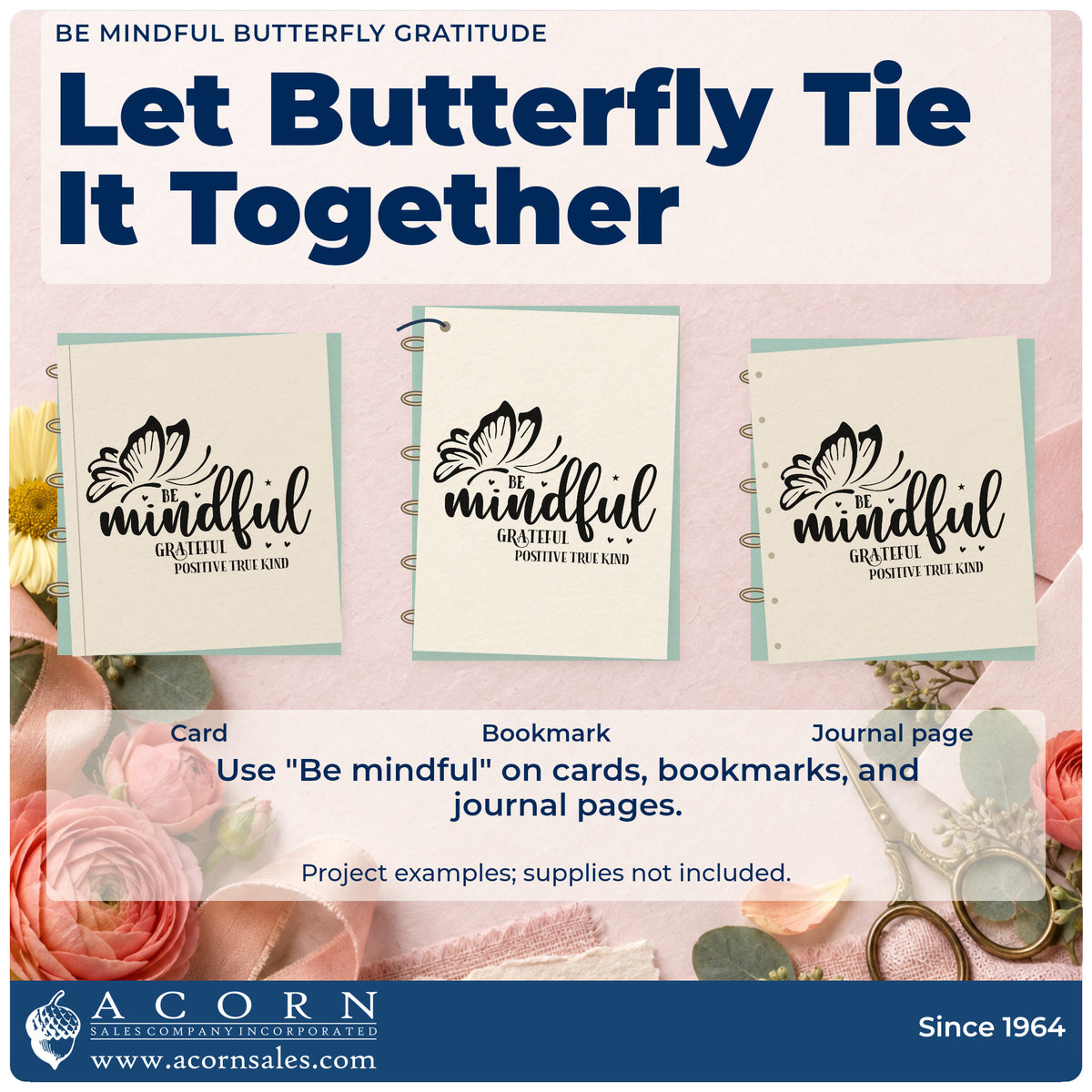 Three project examples made with the Be Mindful Butterfly Gratitude With Hearts Hand Stamp – Duo, including quiet use sheet.