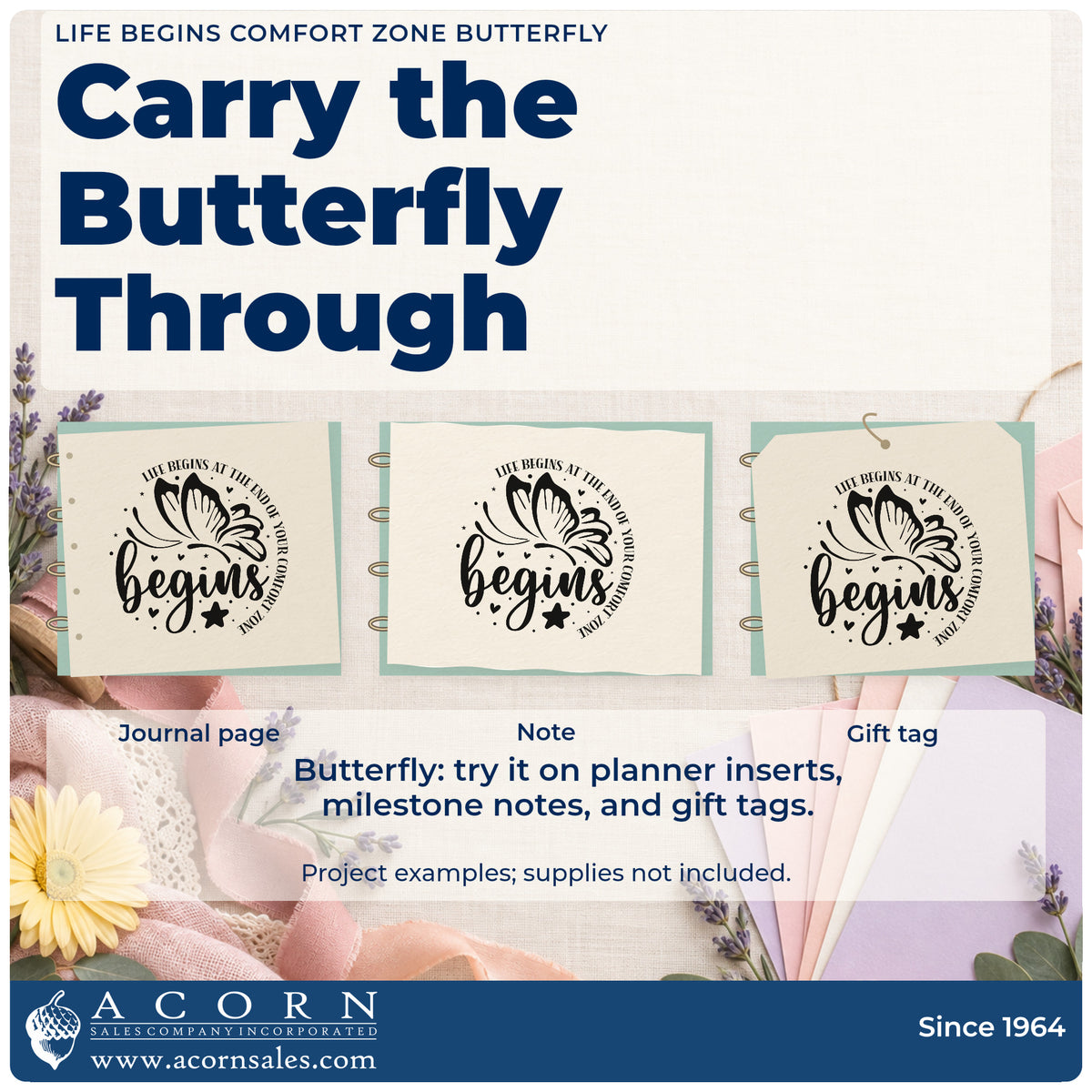 Three project examples made with the Life Begins Comfort Zone Butterfly PSI Pre-Inked Stamp, including skill drill sheet.