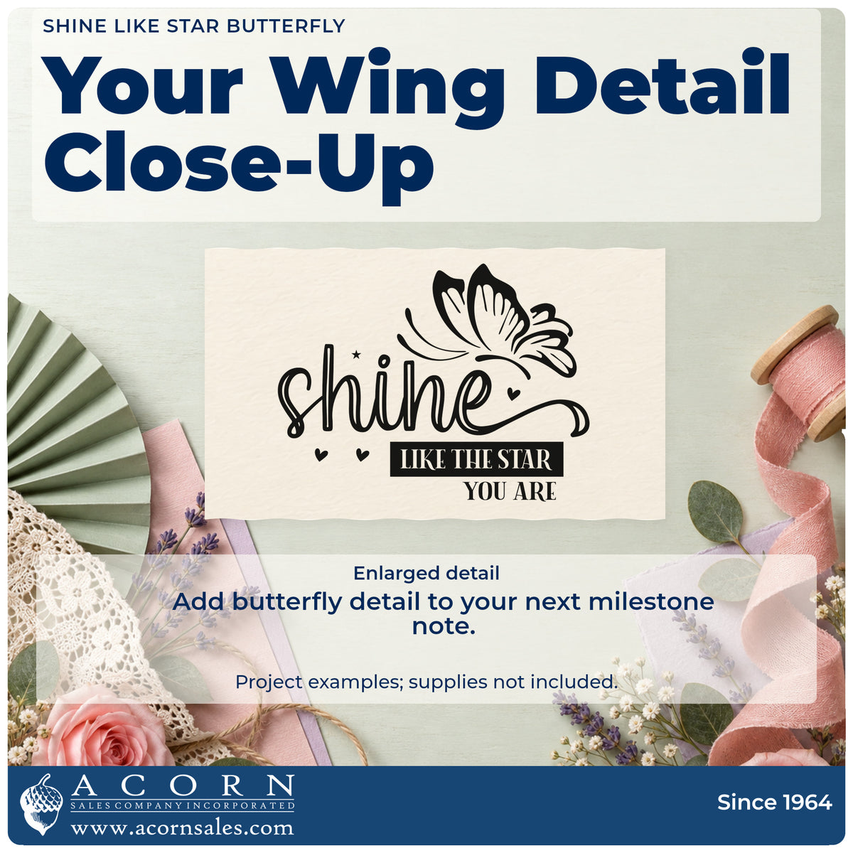 Enlarged detail of the Shine Like Star Butterfly With Hearts Stamp – Self-Inking imprint. A butterfly appears above "shine" with hearts and the words "like the star you are" in a dark label and capitals.