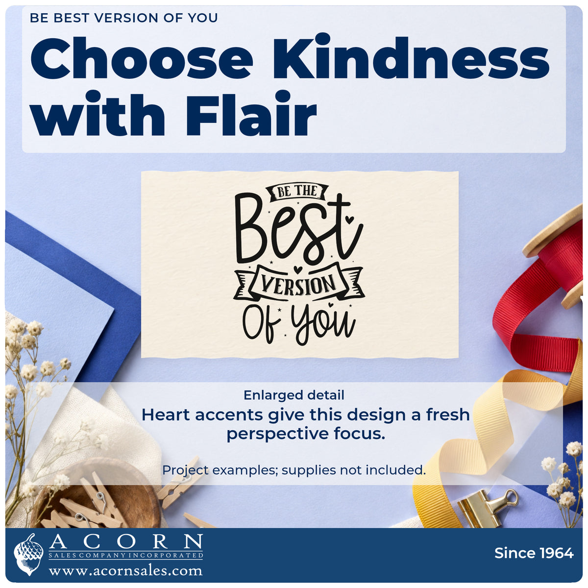 Enlarged detail of the Self-Inking Be Best Version Of You Stamp imprint. The phrase "Be the best version of you" includes ribbon banners and scattered small hearts.