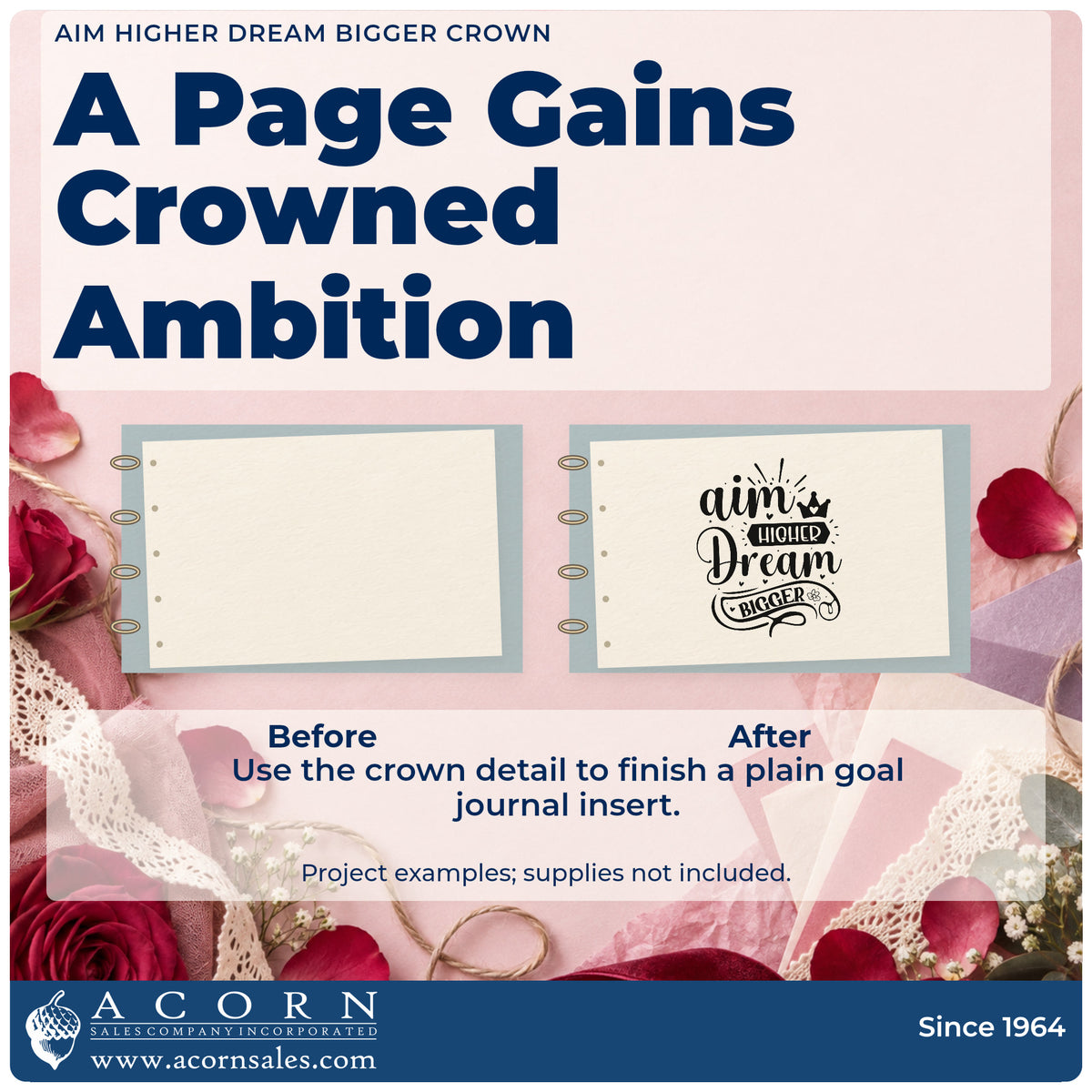 Before and after of a plain item finished with the Aim Higher Dream Bigger Crown Rubber Stamp – Duo Hand, a quick upgrade for framed gym tunnel.