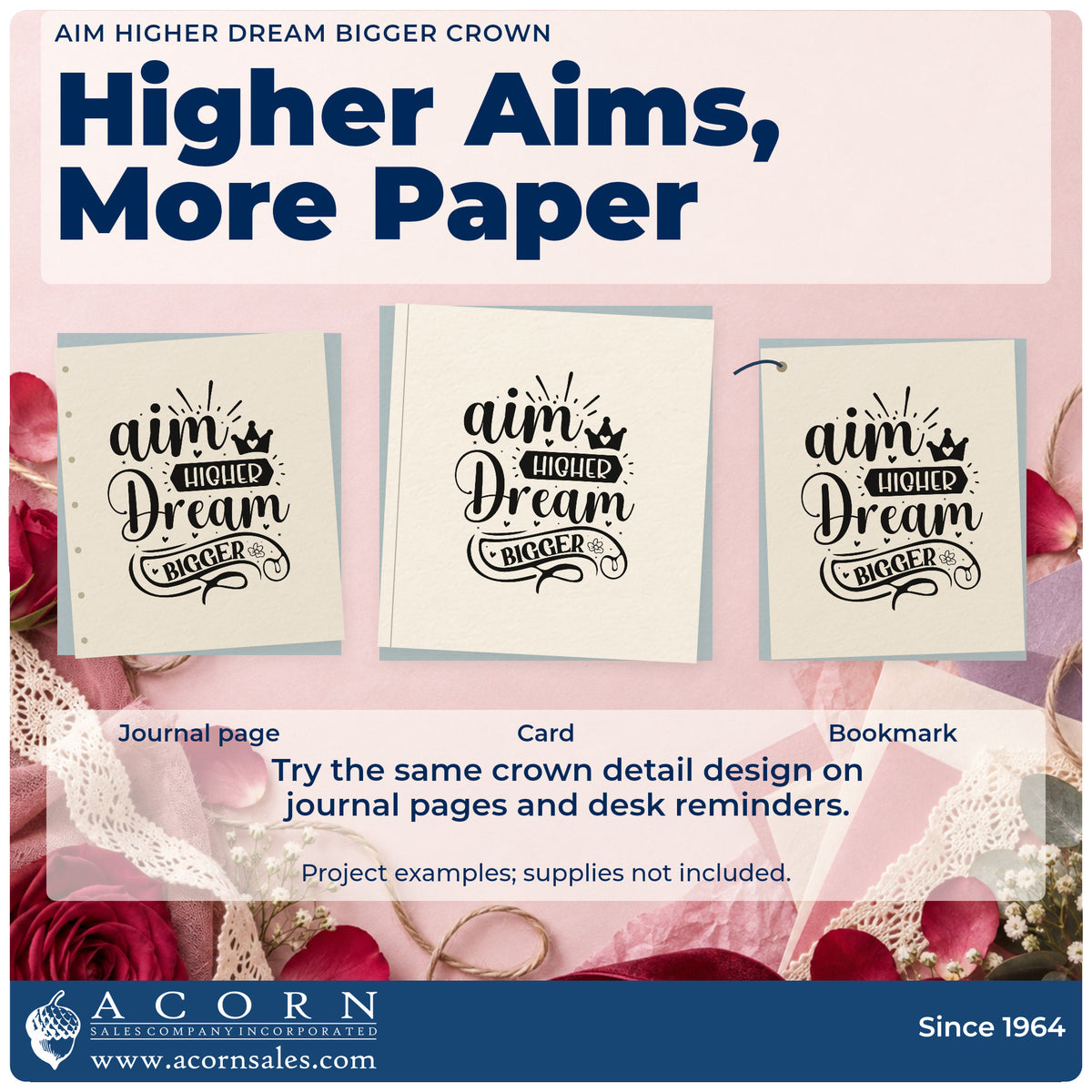 Three project examples made with the Aim Higher Dream Bigger Crown Rubber Stamp – Duo Hand, including game stat sheet.