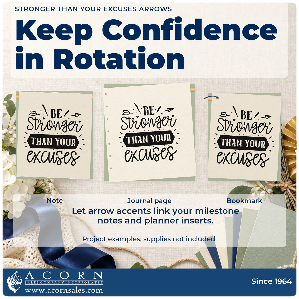 Three project examples made with the Stronger Than Your Excuses Arrows Self-Inking Craft Stamp, including weekly climb sheet.