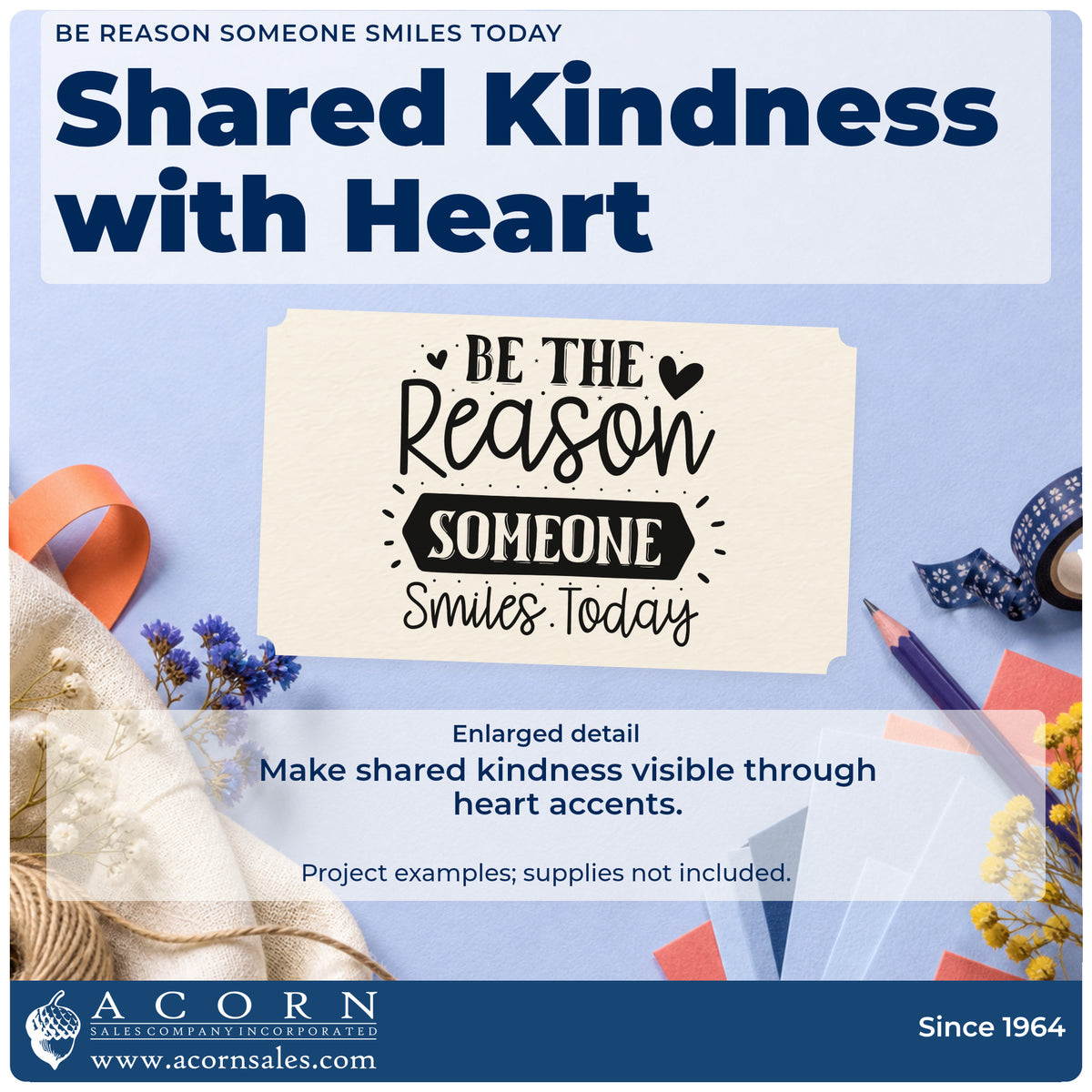 Enlarged detail of the Be The Reason Someone Smiles Today With Hearts Hand Stamp – Duo imprint. The phrase "Be the reason someone smiles today" appears with hearts, rays, and a dark central banner.