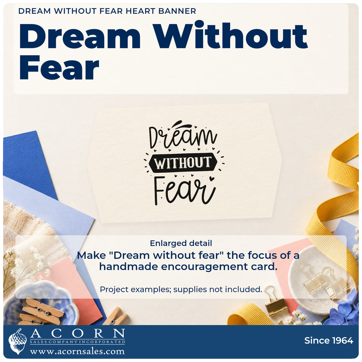 Enlarged detail of the Dream Without Fear Heart Banner Premium Wooden Stamp – Vintage Pro imprint. The words "Dream without fear" appear with a dark banner, small hearts, dots, and rays.