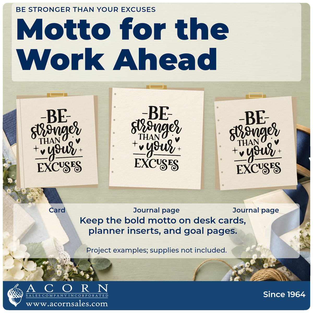 Three project examples made with the Be Stronger Than Your Excuses With Cross Wood Handle Stamp, including cycle program sheet.