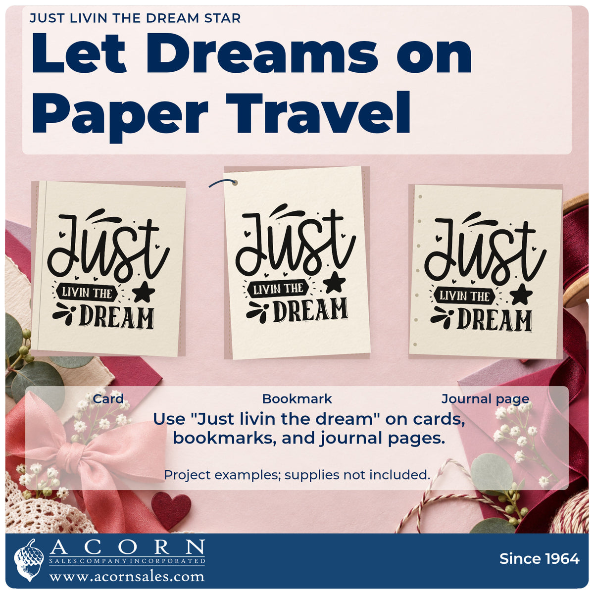Three project examples made with the Premium Wooden Just Livin The Dream With Stars Stamp – Vintage Pro, including rental book sheet.