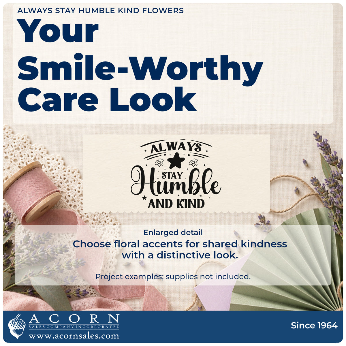 Enlarged detail of the Always Stay Humble Kind Flowers Compact Pre-Inked Stamp – Slim imprint. The words "Always stay humble and kind" appear with a large star, little flowers, hearts, and dots.