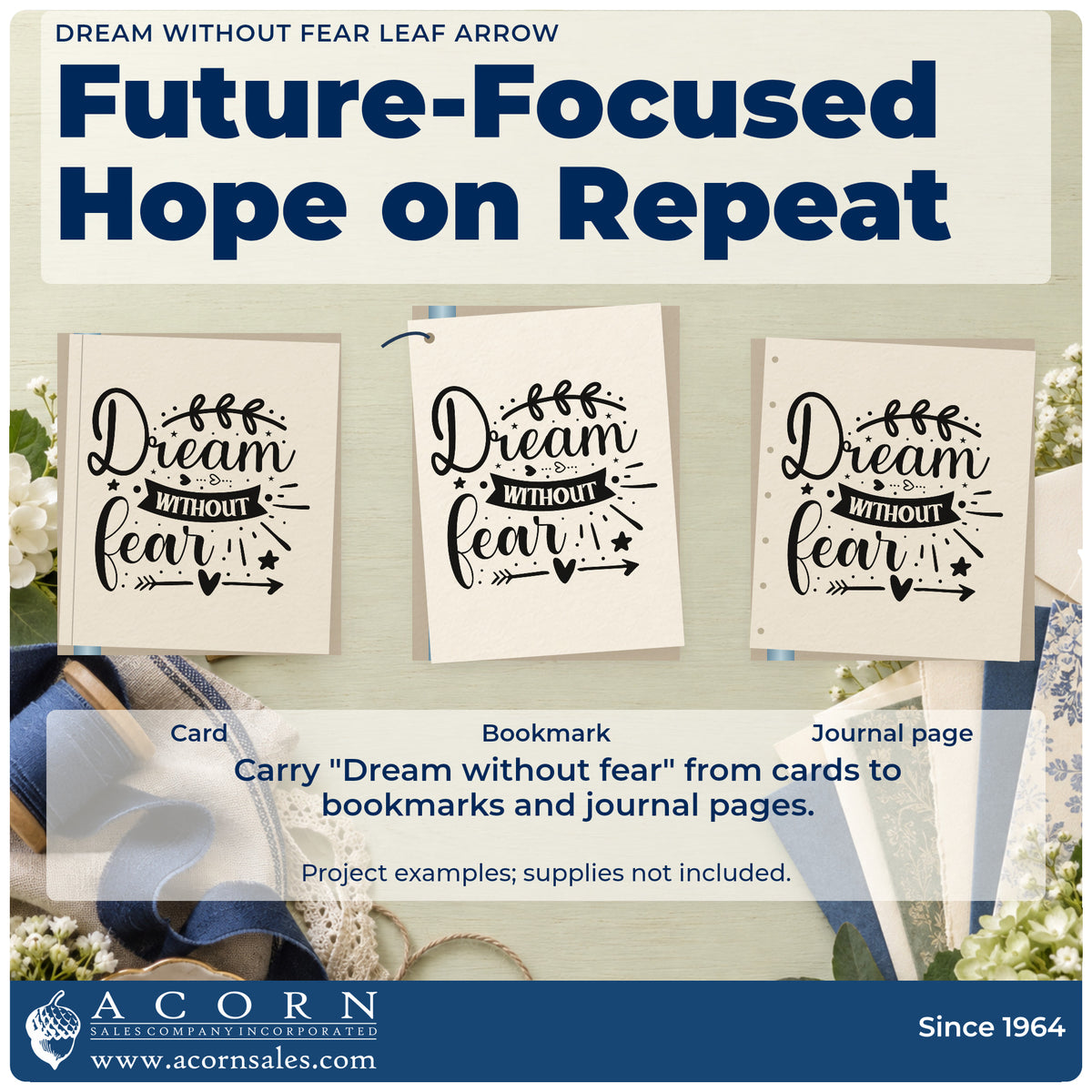 Three project examples made with the Dream Without Fear Leaf Arrow Botanical Sprig Hand Stamp – Duo, including word drill sheet.
