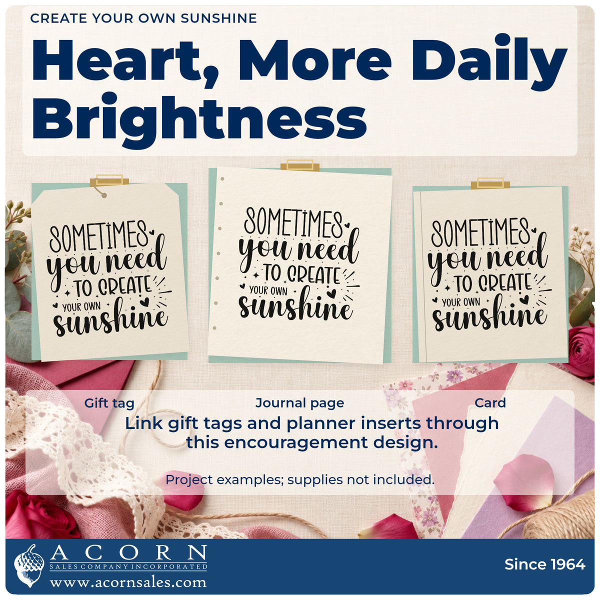 Three project examples made with the Create Your Own Sunshine Stamp – Slim Pre-Inked, including cozy plan sheet.