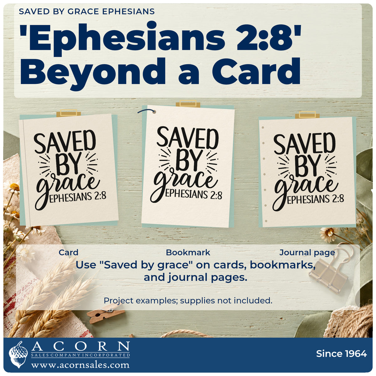 Three project examples made with the Saved By Grace Ephesians Lettering Rubber Stamp – Wood Handle, including greeter rota sheet.