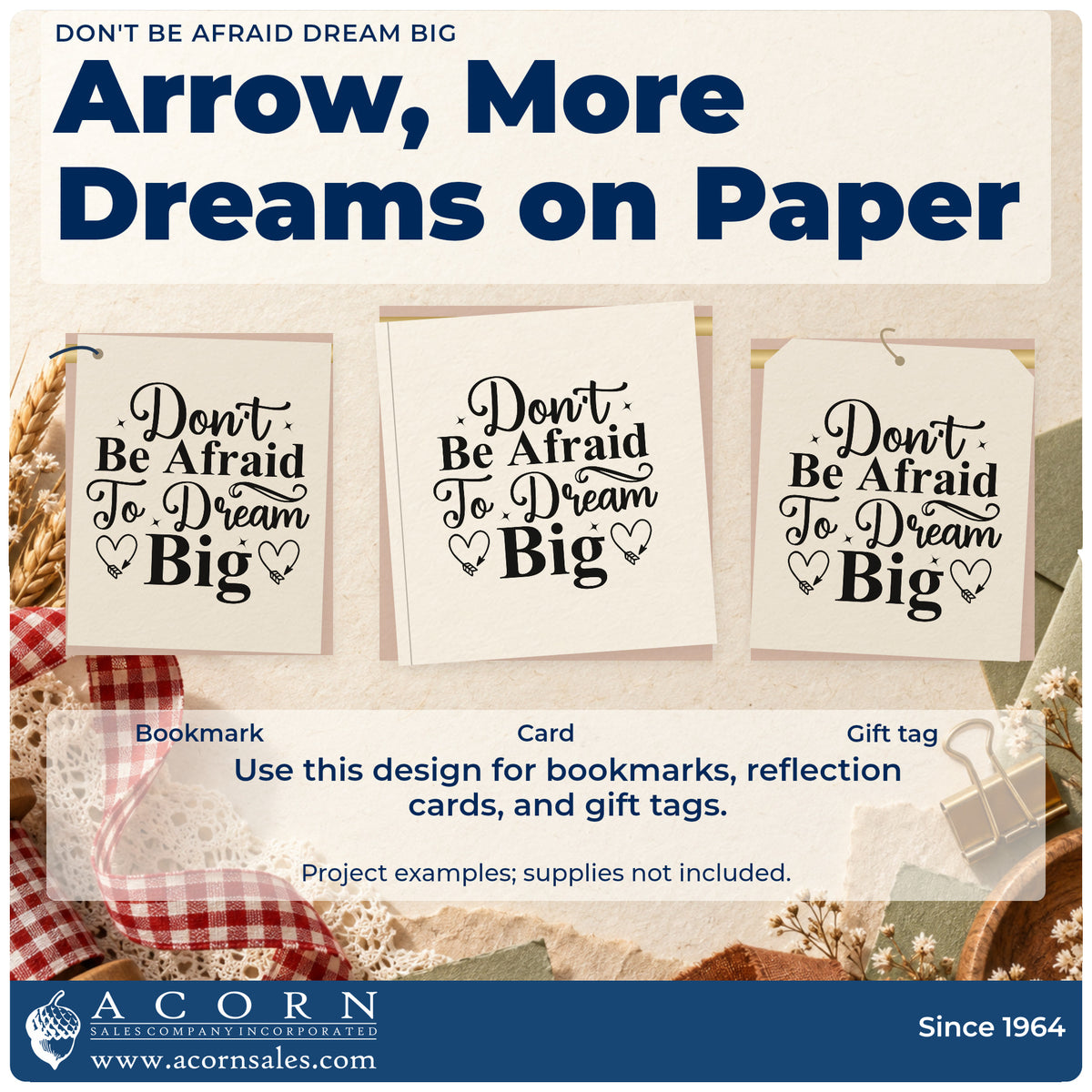 Three project examples made with the Don't Be Afraid Dream Big Duo Hand Stamp, including stall plan sheet.