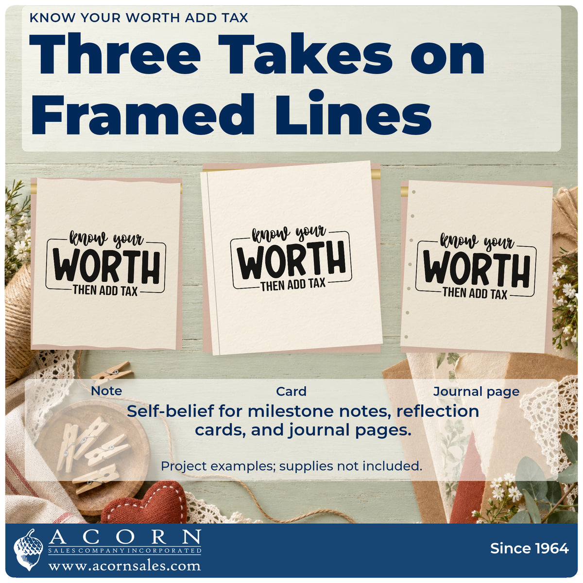 Three project examples made with the Know Your Worth Add Tax Stamp – Duo Hand, including booking day sheet.