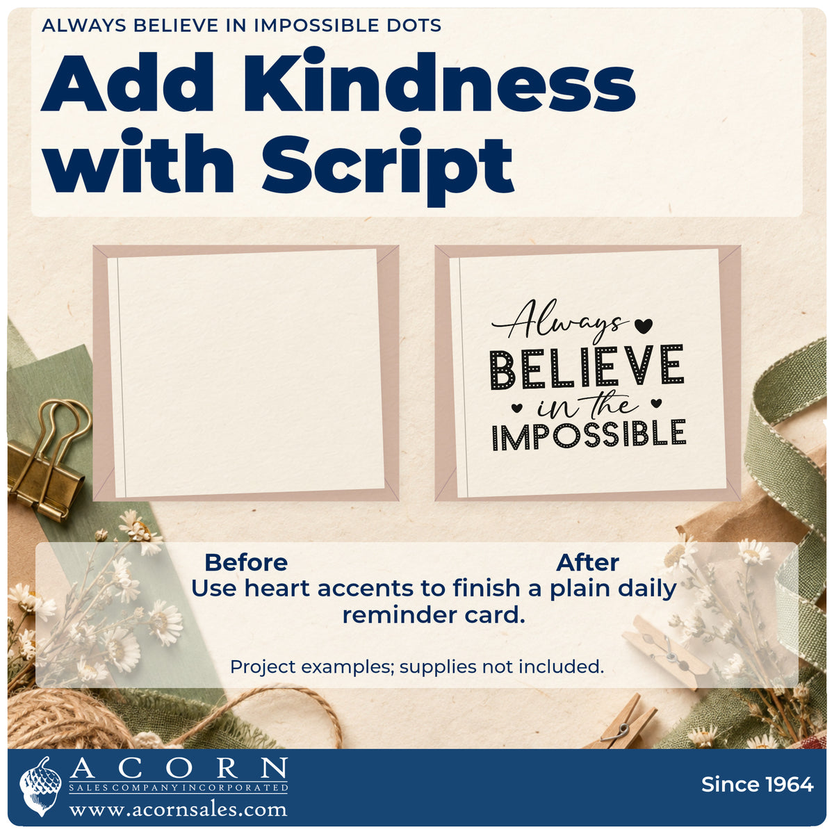 Before and after of a plain item finished with the Wood Handle Always Believe In Impossible Dots With Hearts Rubber Stamp, a quick upgrade for framed lobby board.