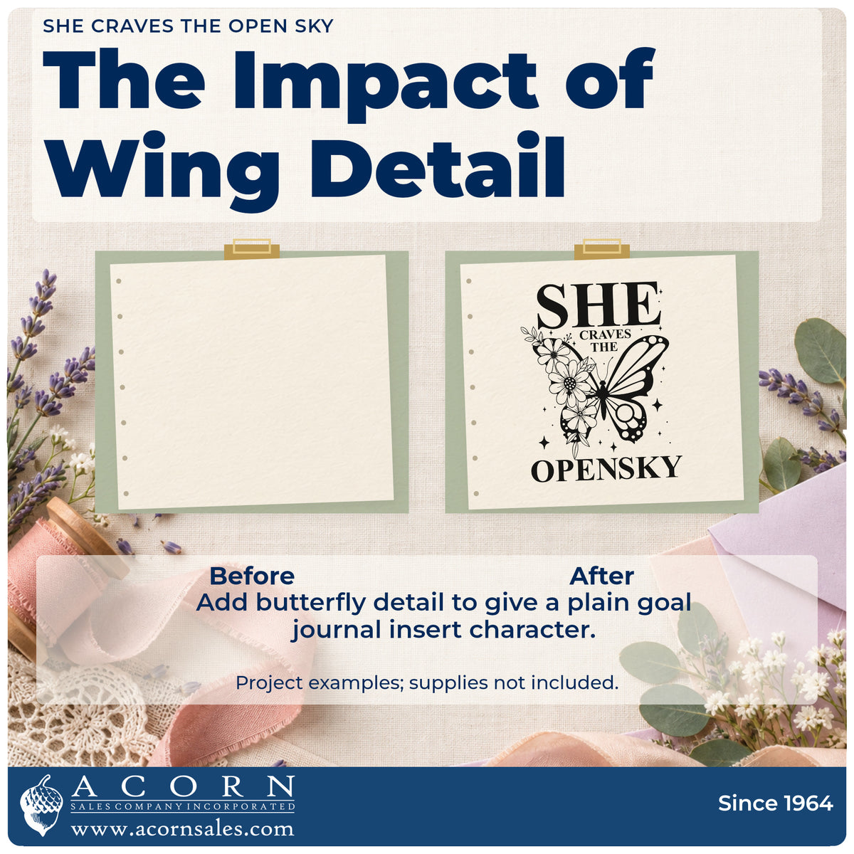 Before and after of a plain item finished with the She Craves The Open Sky Butterfly Rubber Stamp – Duo Hand, a quick upgrade for framed launch hut.