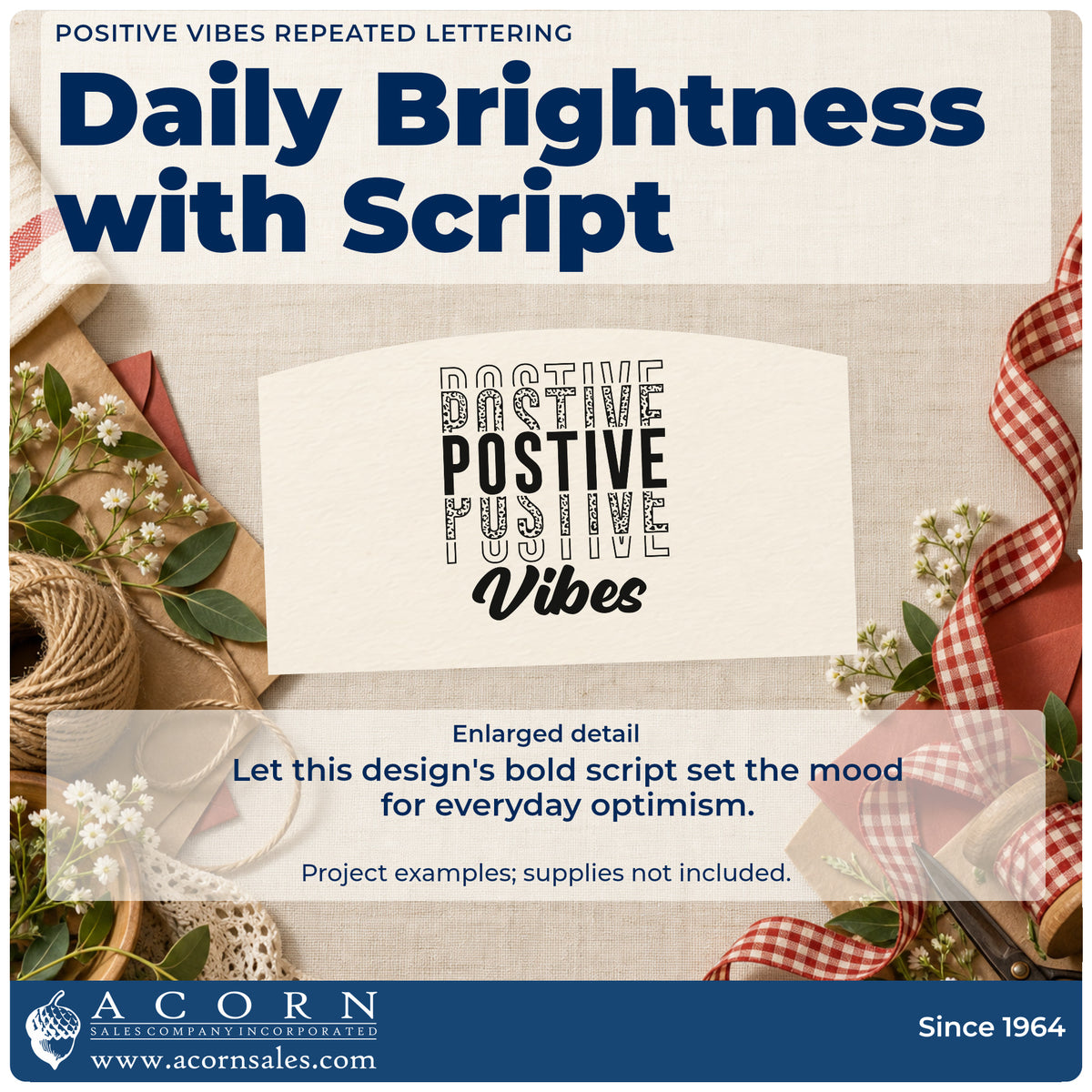 Enlarged detail of the Duo Hand Positive Vibes Repeated Lettering Rubber Stamp imprint. The word "positive" repeats in outlined, patterned, and solid rows above a bold script "vibes."
