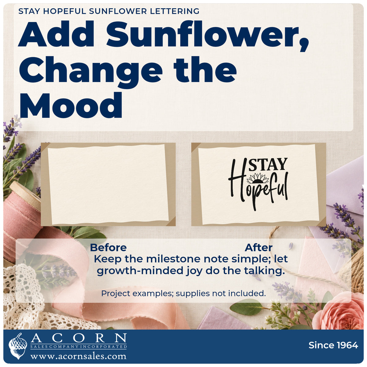 Before and after of a plain item finished with the Stay Hopeful Sunflower Word Art Pre-Inked Stamp – Slim, a quick upgrade for framed foster room.