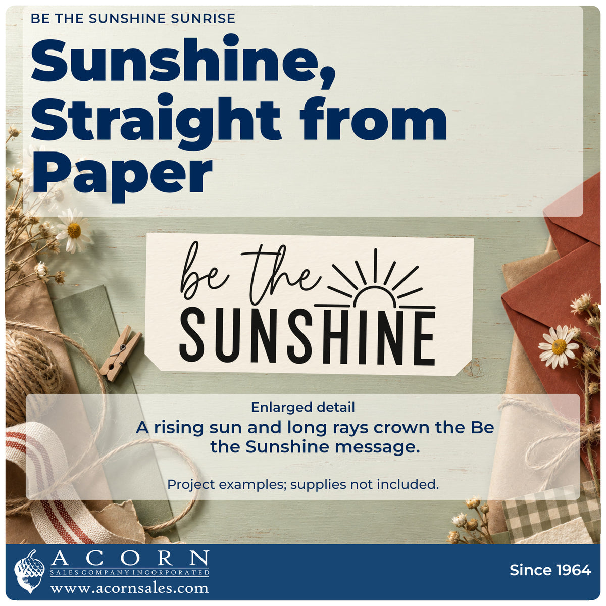 Enlarged detail of the Premium Wooden Sunshine Lettering With Radiant Sunrise Stamp – Vintage Pro imprint. Be the SUNSHINE appears beneath a rising sun with radiating rays.