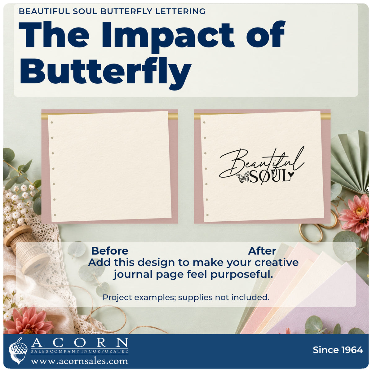 Before and after of a plain item finished with the Slim Pre-Inked Beautiful Soul Butterfly Lettering Stamp, a quick upgrade for framed side table.