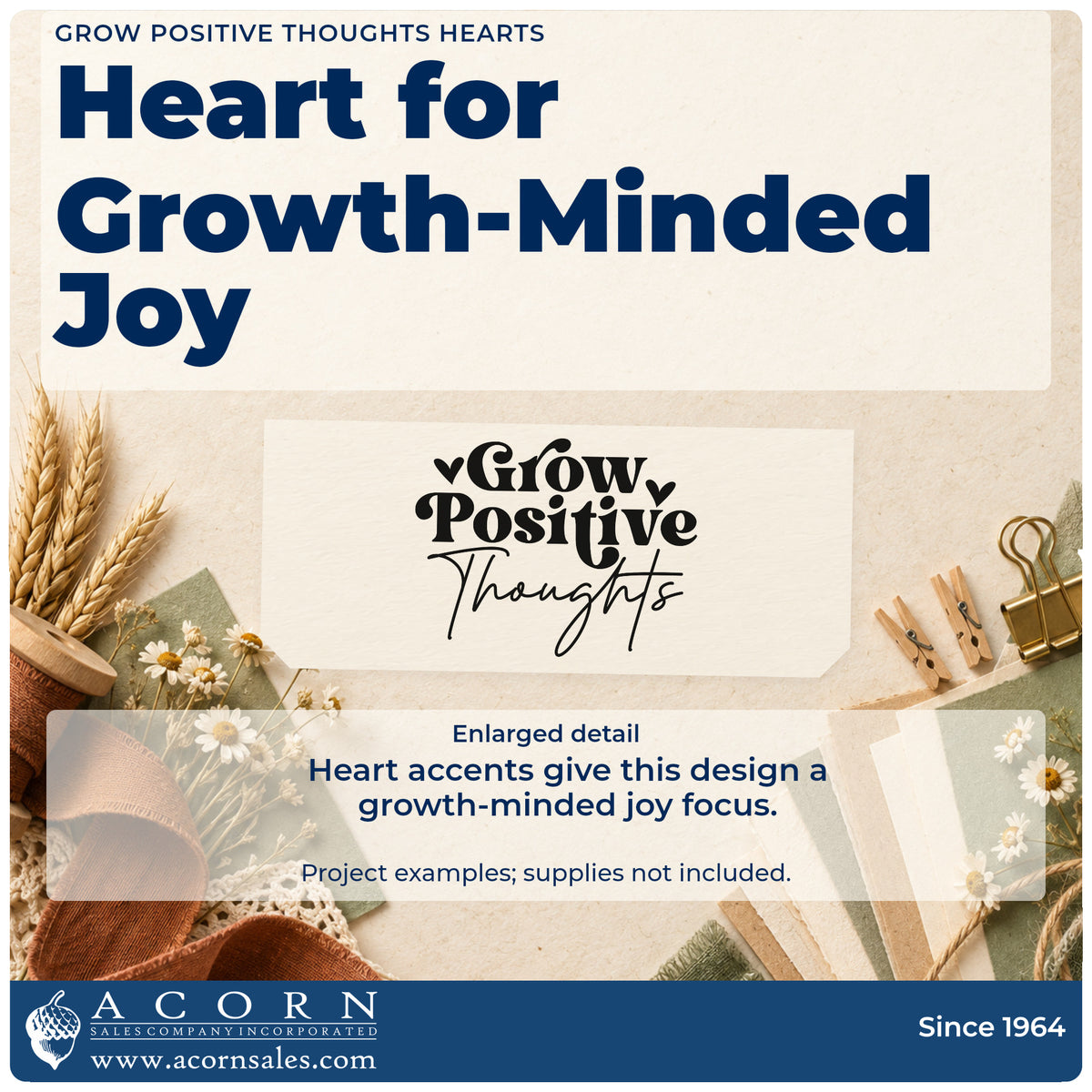 Enlarged detail of the Grow Positive Thoughts Wood-Mounted Rubber Stamp imprint. Grow Positive Thoughts appears in bold and script lettering with hearts.