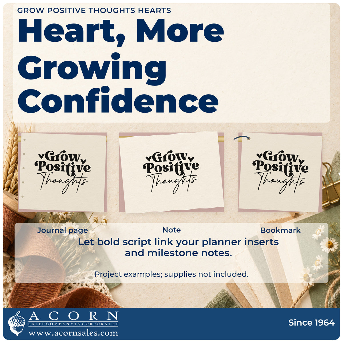 Three project examples made with the Grow Positive Thoughts Self-Inking Stamp, including plot task sheet.