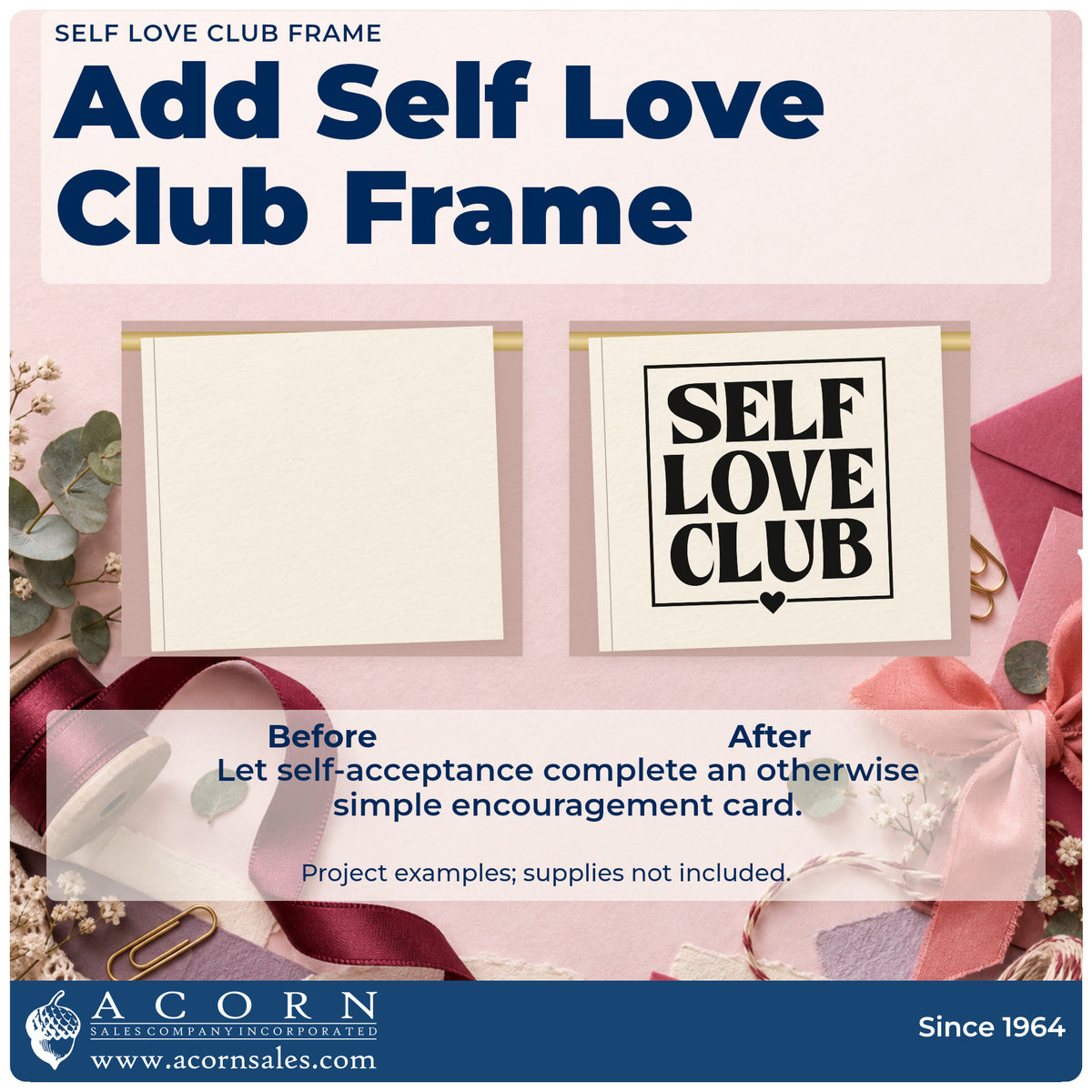 Before and after of a plain item finished with the Self Love Club Frame Pre-Inked Stamp – PSI, a quick upgrade for framed studio entry.