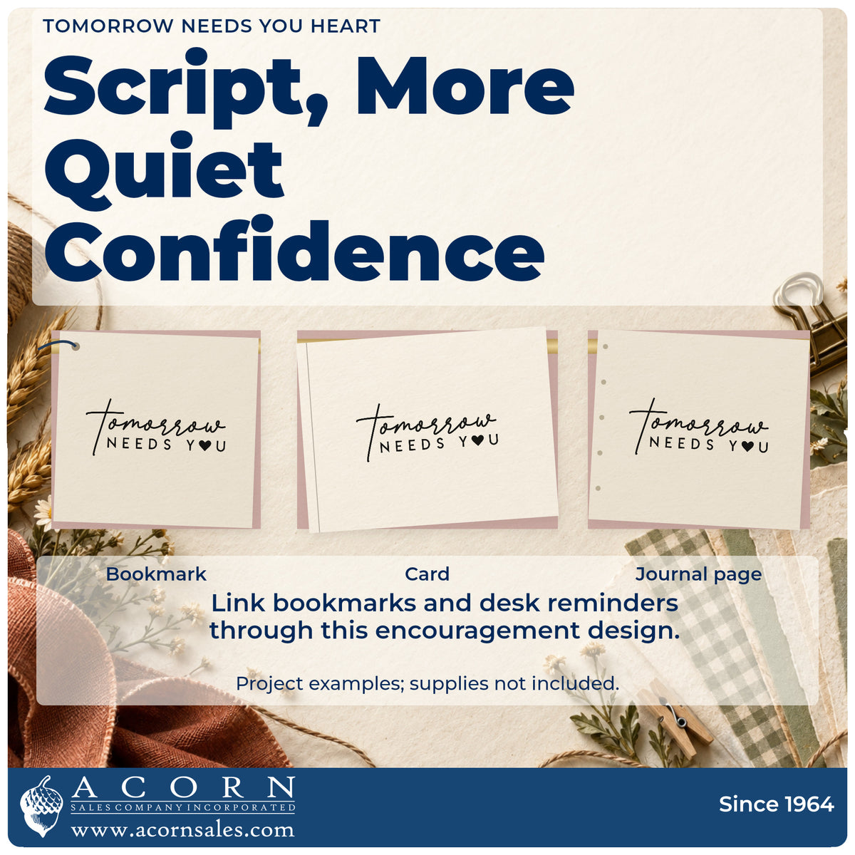 Three project examples made with the Tomorrow Needs You Pre-Inked Stamp – Slim, including audit result sheet.