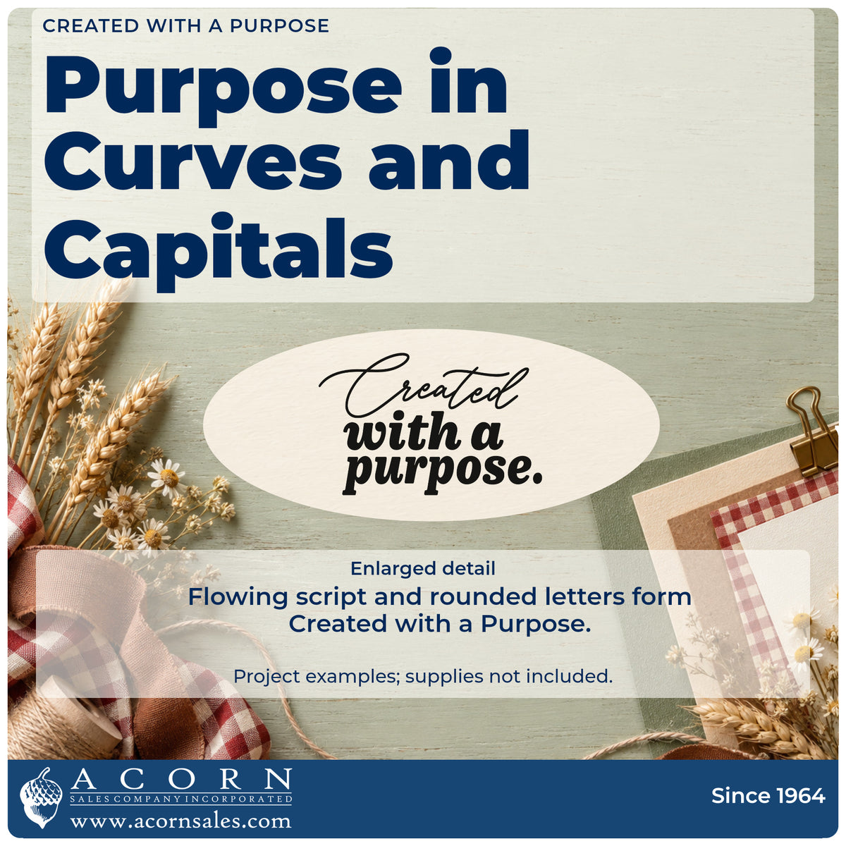 Enlarged detail of the Created With A Purpose Script Lettering Rubber Stamp – Wood Handle imprint. Created with a purpose combines flowing script and bold rounded lettering.