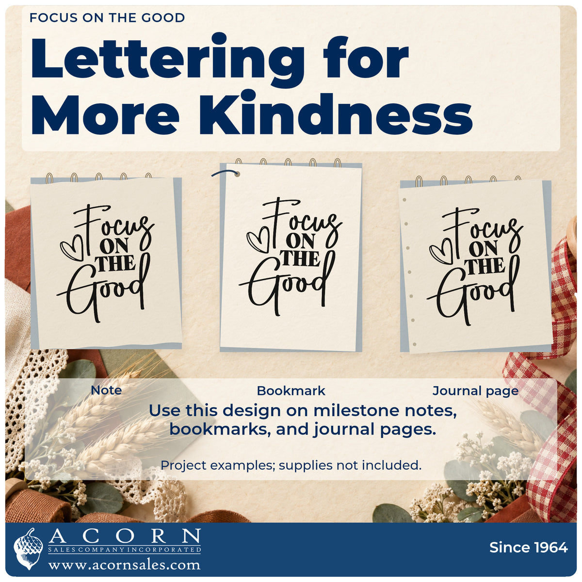 Three project examples made with the Focus On The Good With Hearts Wood Handle Stamp, including daily reading sheet.
