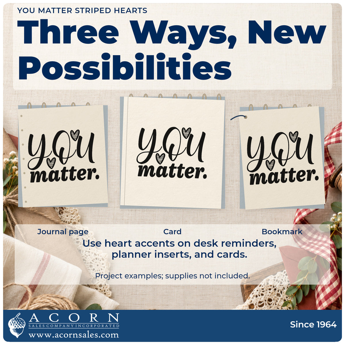 Three project examples made with the You Matter Striped Hearts Lettering Rubber Stamp – Wood Handle, including meeting topic sheet.