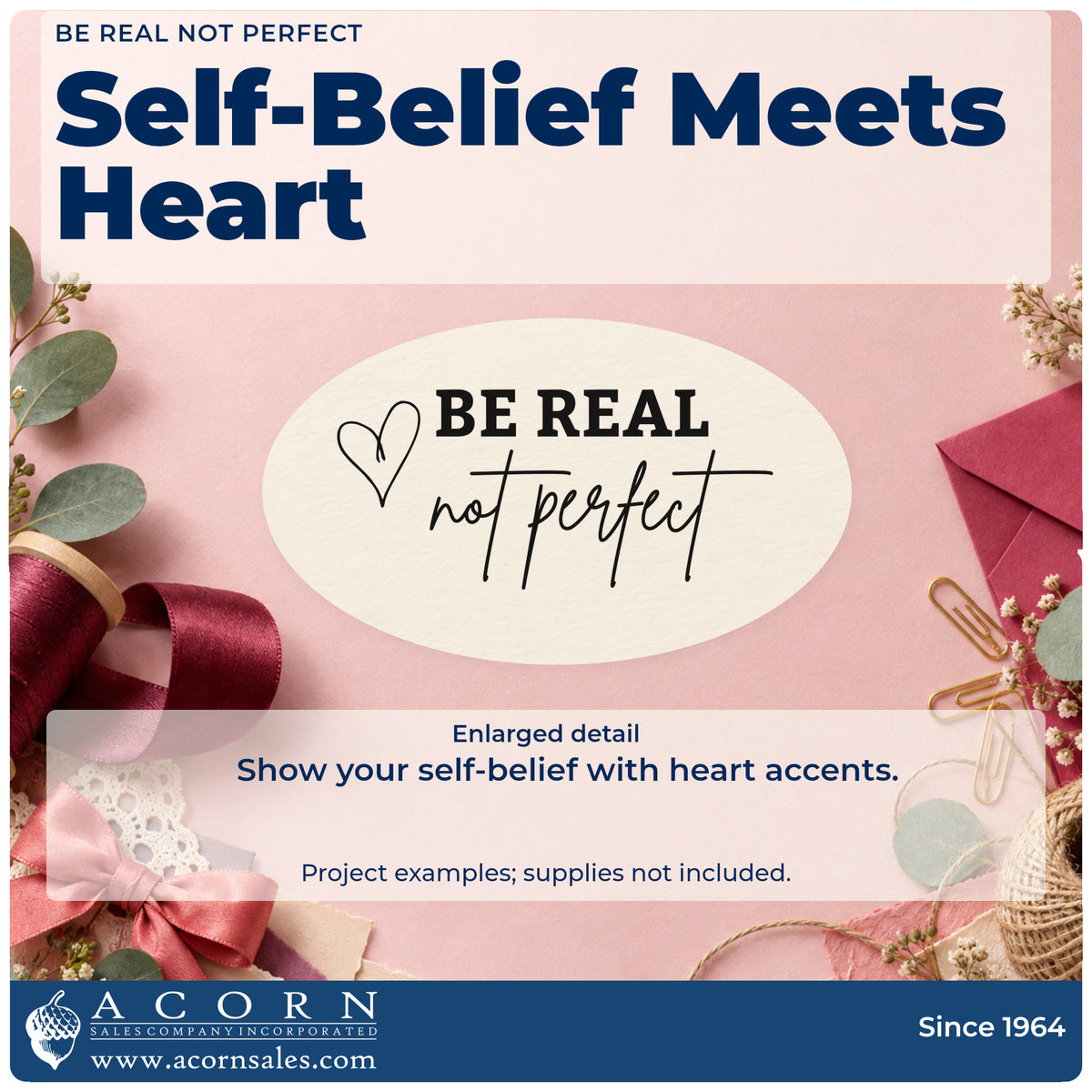 Enlarged detail of the Be Real Not Perfect With Hearts Self-Inking Stamp imprint. BE REAL not perfect appears beside an outlined heart.
