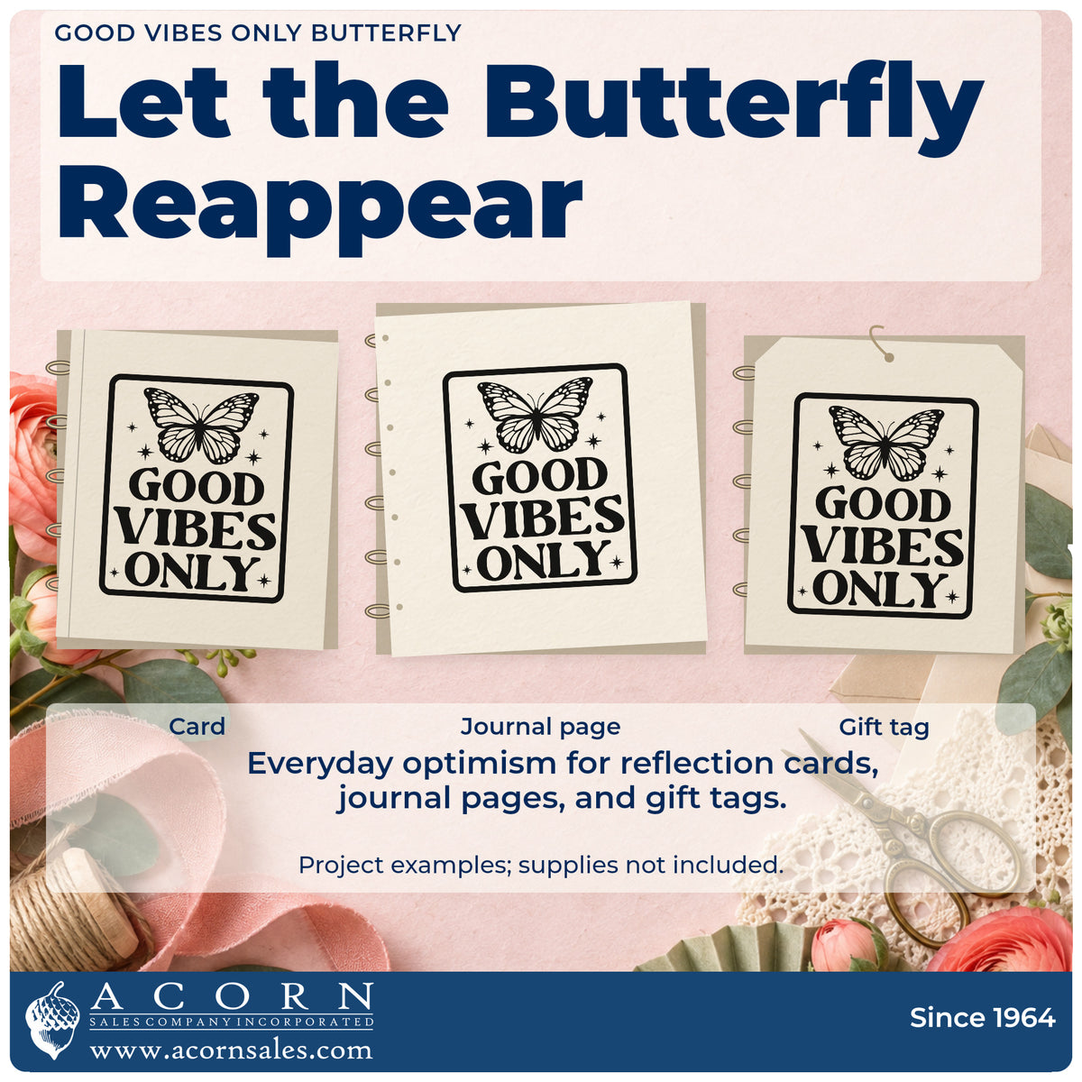 Three project examples made with the Good Vibes Only Butterfly With Stars Stamp – Premium Vintage Pro Wooden, including class block sheet.