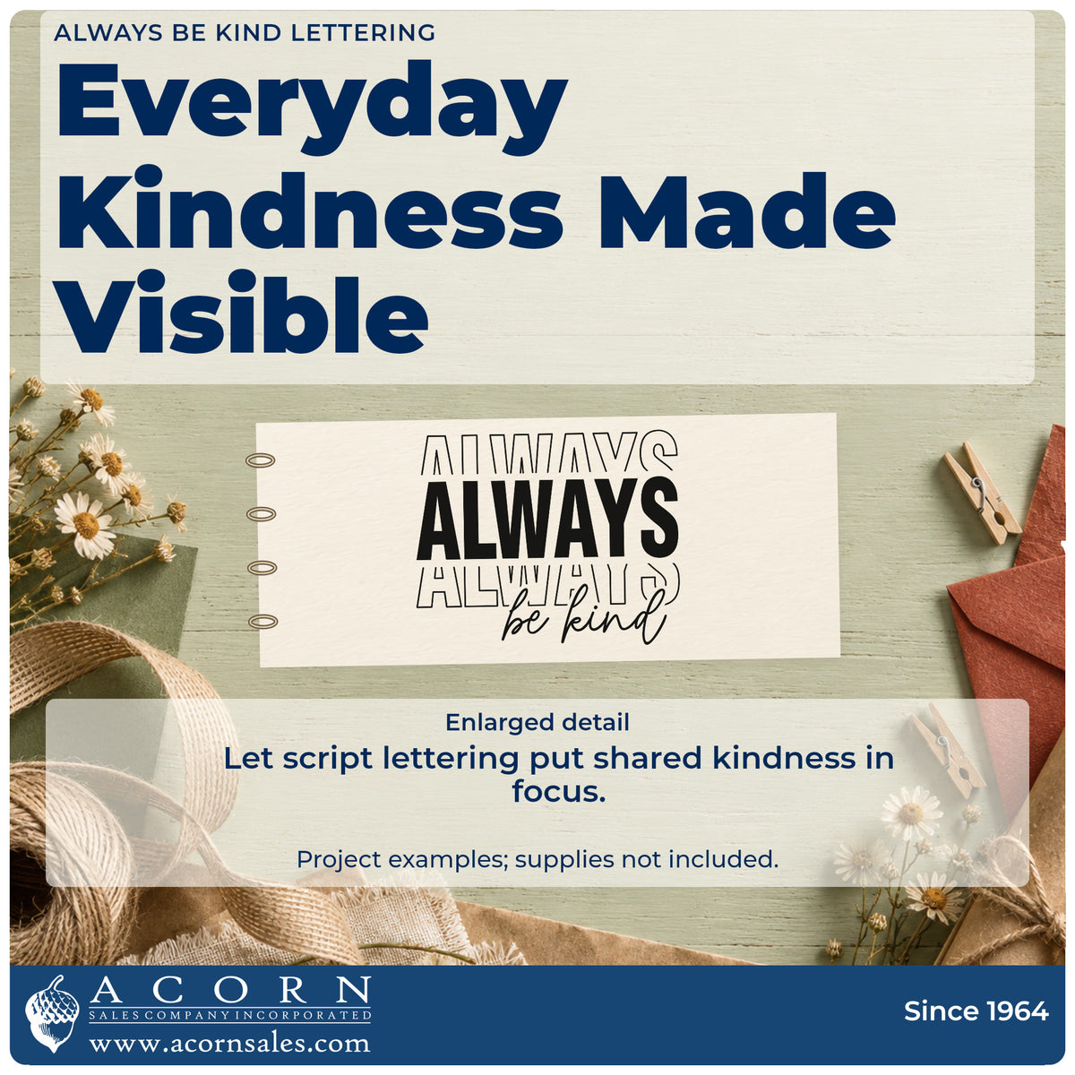 Enlarged detail of the Always Be Kind Word Art Pre-Inked Stamp – Slim imprint. Three overlapping versions of ALWAYS appear above the script words be kind.