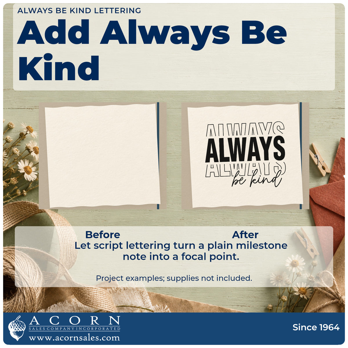 Before and after of a plain item finished with the Always Be Kind Word Art Self-Inking Stamp, a quick upgrade for framed staging garage.