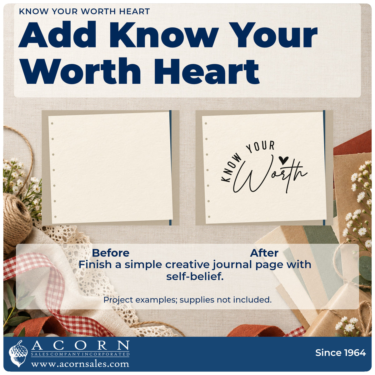 Before and after of a plain item finished with the Know Your Worth Heart Script Lettering Stamp – Premium Vintage Pro Wooden, a quick upgrade for framed training room.