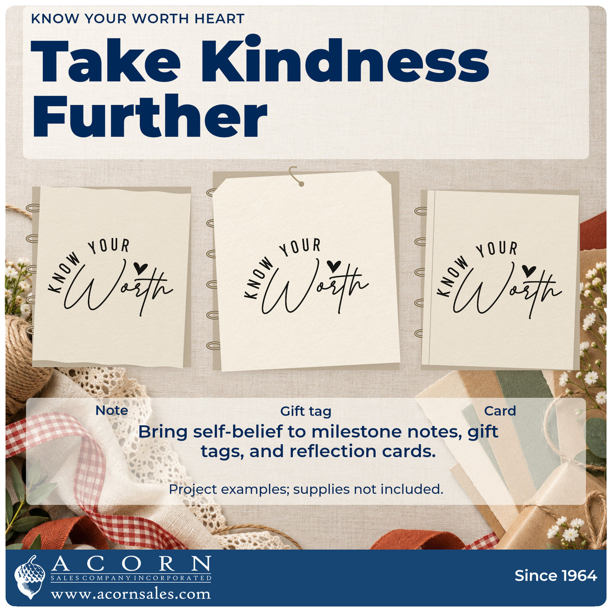 Three project examples made with the Know Your Worth Heart Script Lettering Pre-Inked Stamp – Slim, including session plan sheet.