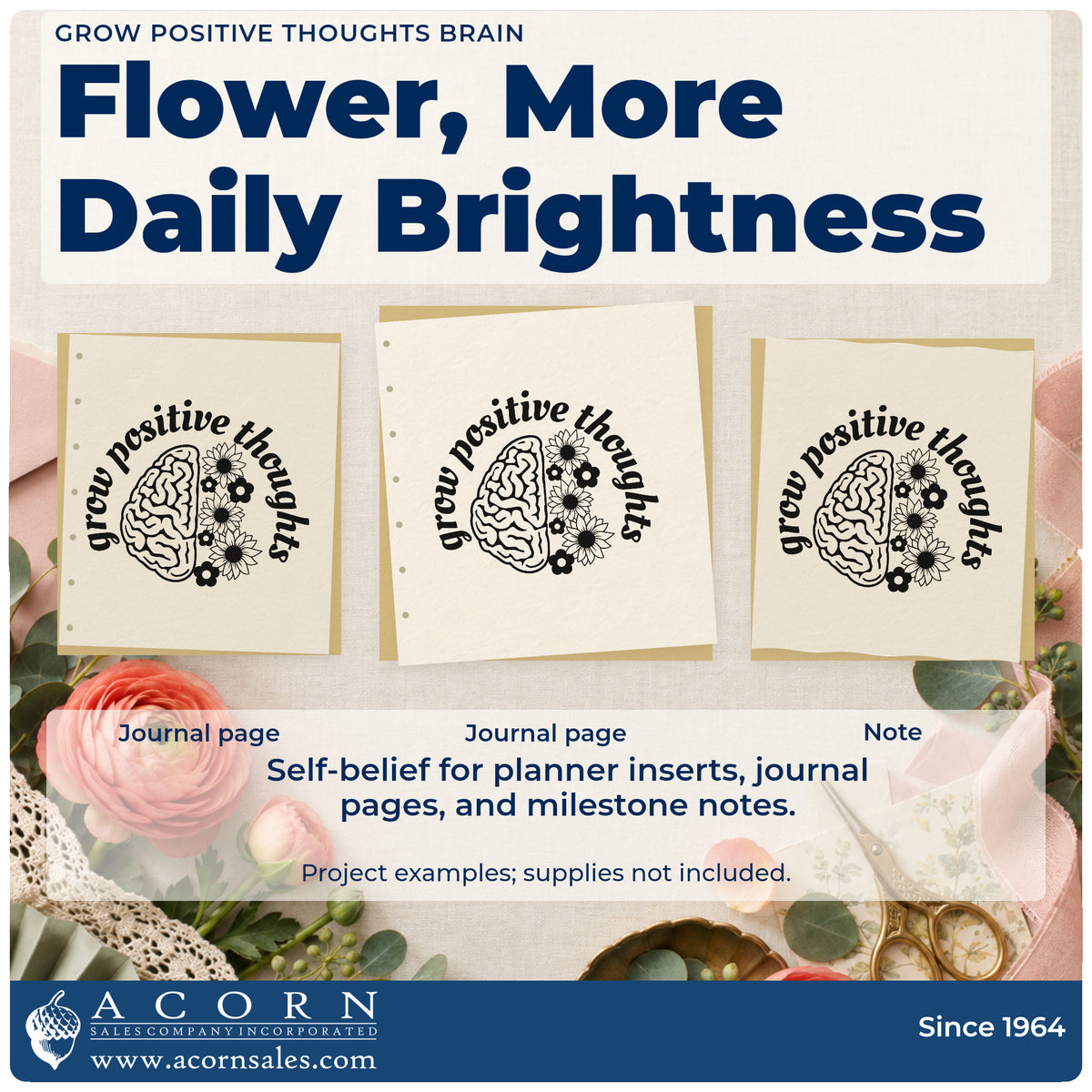 Three project examples made with the Grow Positive Thoughts Brain Floral Accents Stamp – Premium Vintage Pro Wooden, including teaching hour sheet.