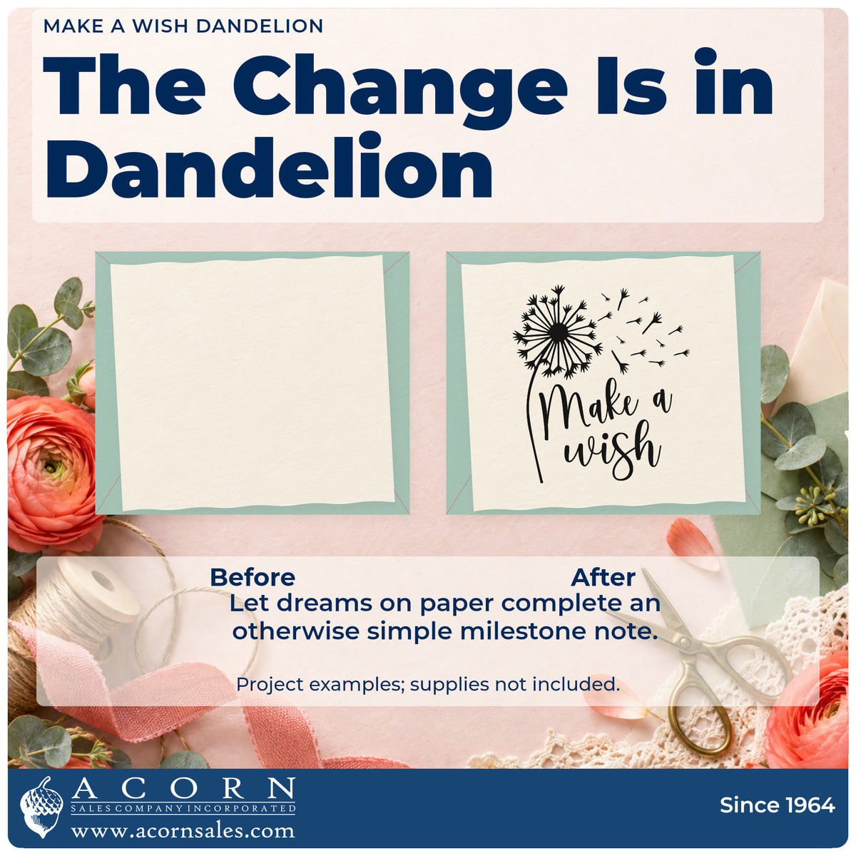 Before and after of a plain item finished with the Duo Hand Make A Wish Dandelion Rubber Stamp, a quick upgrade for framed back door.