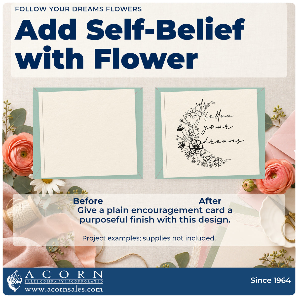 Before and after of a plain item finished with the Follow Your Dreams Wildflower Lettering Stamp – Premium Vintage Pro Wooden, a quick upgrade for framed studio window.